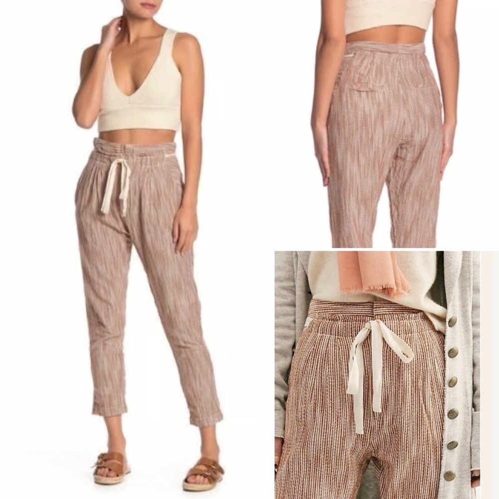 Free People Light at Sunrise Crop Pants Beige Brown Striped 100% Cotton Size 8